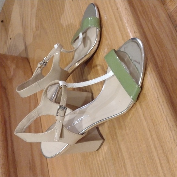 Franco Sarto Strappy Sandal Block Heel Bright Green and Cream - Picture 13 of 14